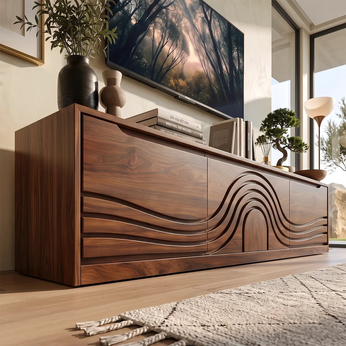 Wave Carved Wood TV Stand | Modern Low Profile Media Console HG021-2WFD3JN