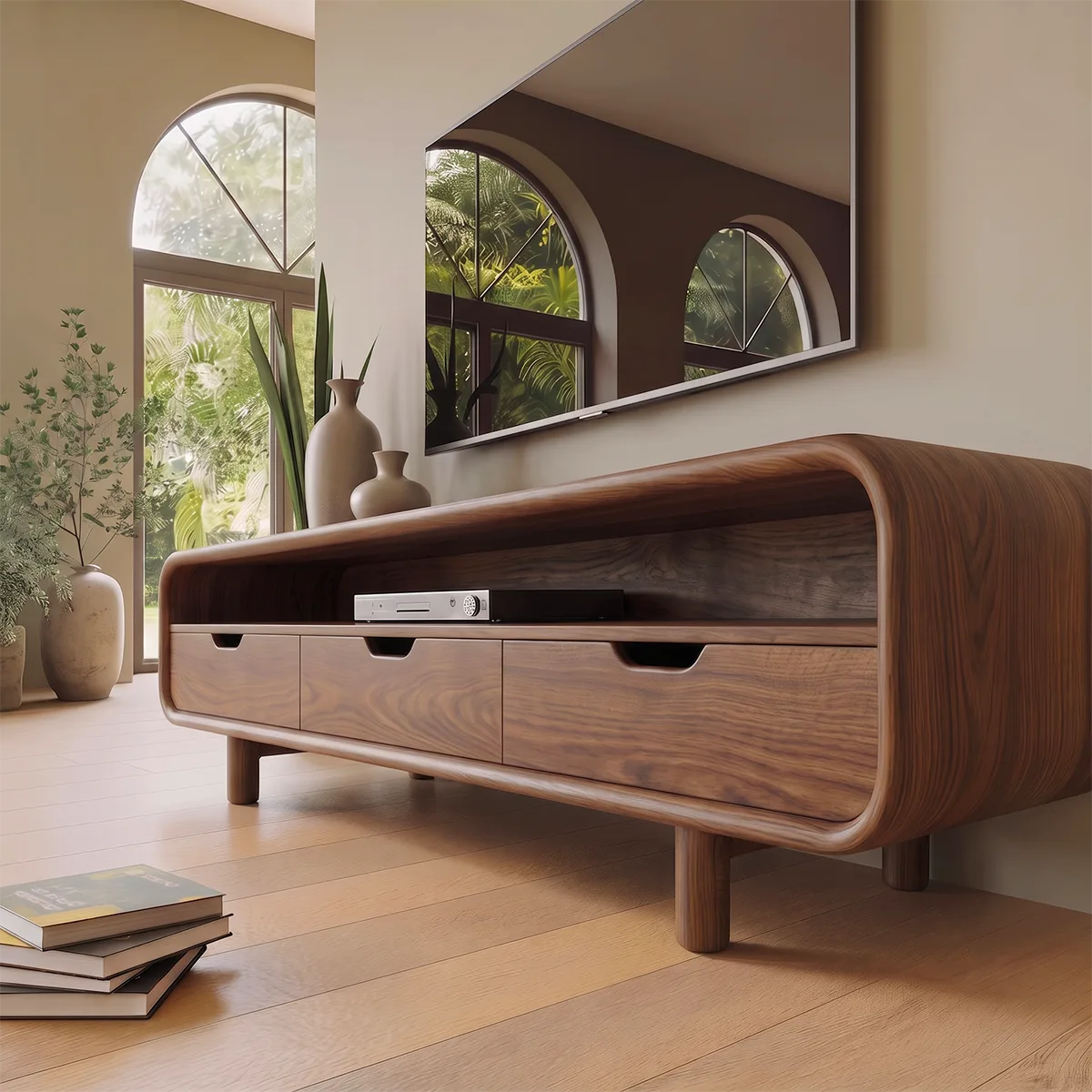 Rounded Wood TV Stand with 3 Drawers | Modern Media Console HG021-6RPM7IQ