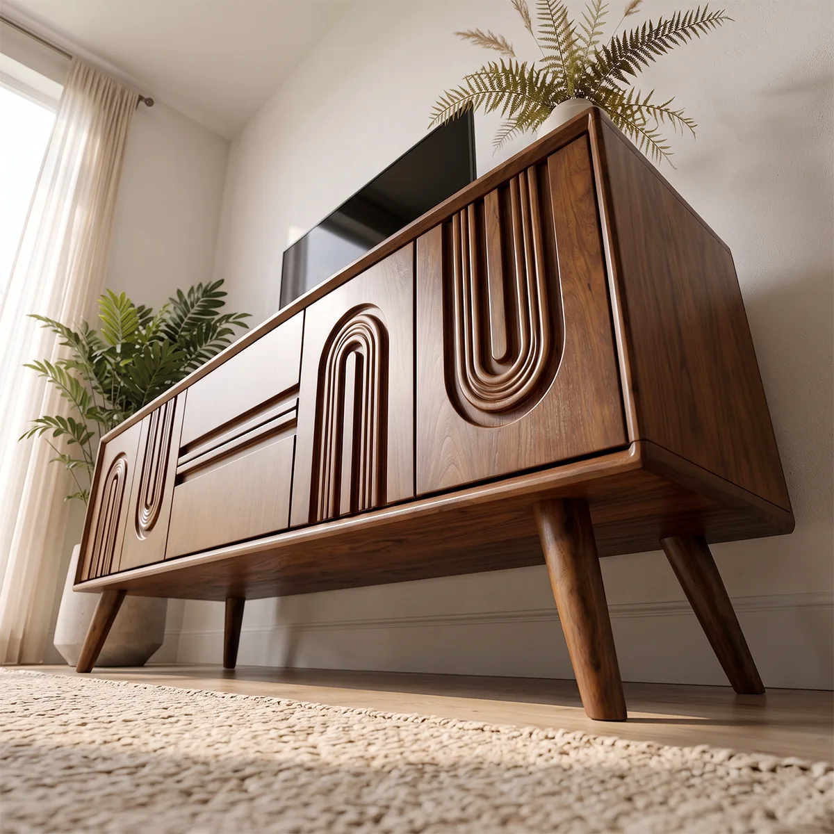Fluted Arch Wood TV Stand with Drawers & Cabinets | Mid-Century Media Console HG021-6ZXL7DZ