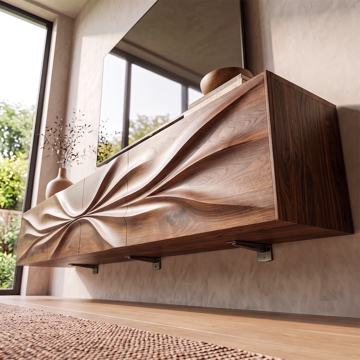 Floating Wood TV Stand with Sculpted Wave Front | Carved Media Console HG021-6VHU4ZT