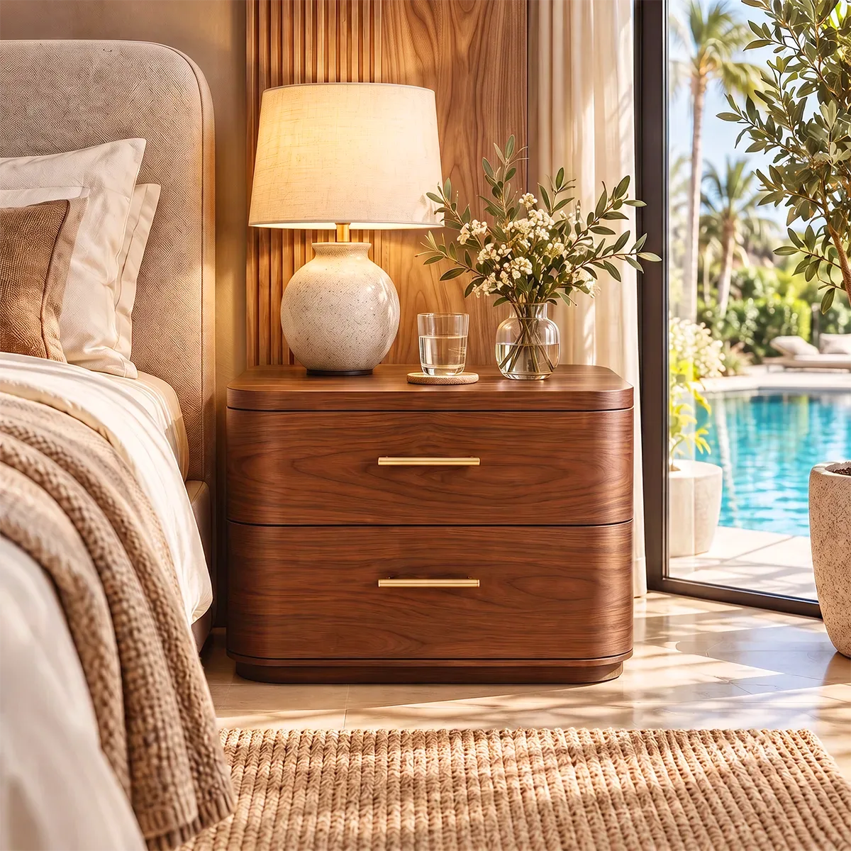 Modern Rounded 2-Drawer Nightstand | Curved Bedside Table with Metal Bar Handles HG021-1SFU3IV
