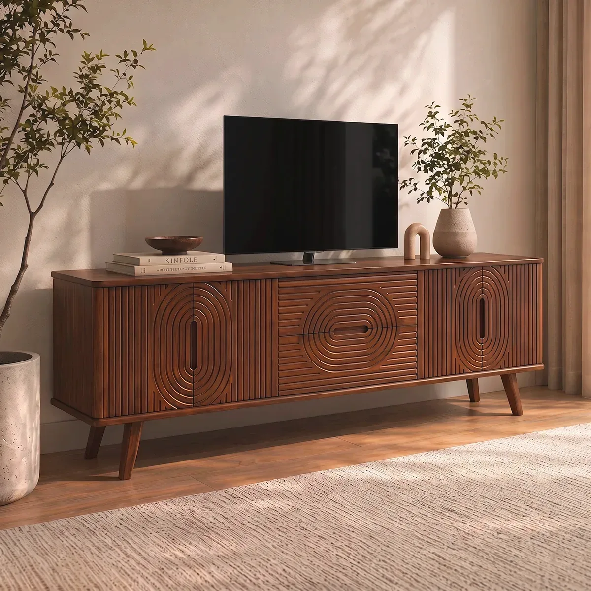 Geometric Fluted Wood TV Stand with Drawers & Cabinets | Mid-Century Media Console HG021-7RAV5YV