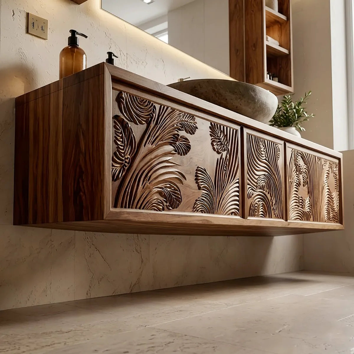Carved Floating Bathroom Vanity | Modern Decorative Bathroom Cabinet HG021-7739