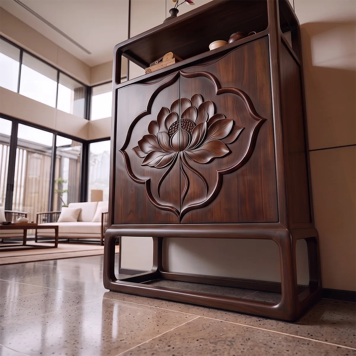 Lotus Carved Sideboard with Open Display Shelf | Sculptural Storage Cabinet HG021-1UIU6MD