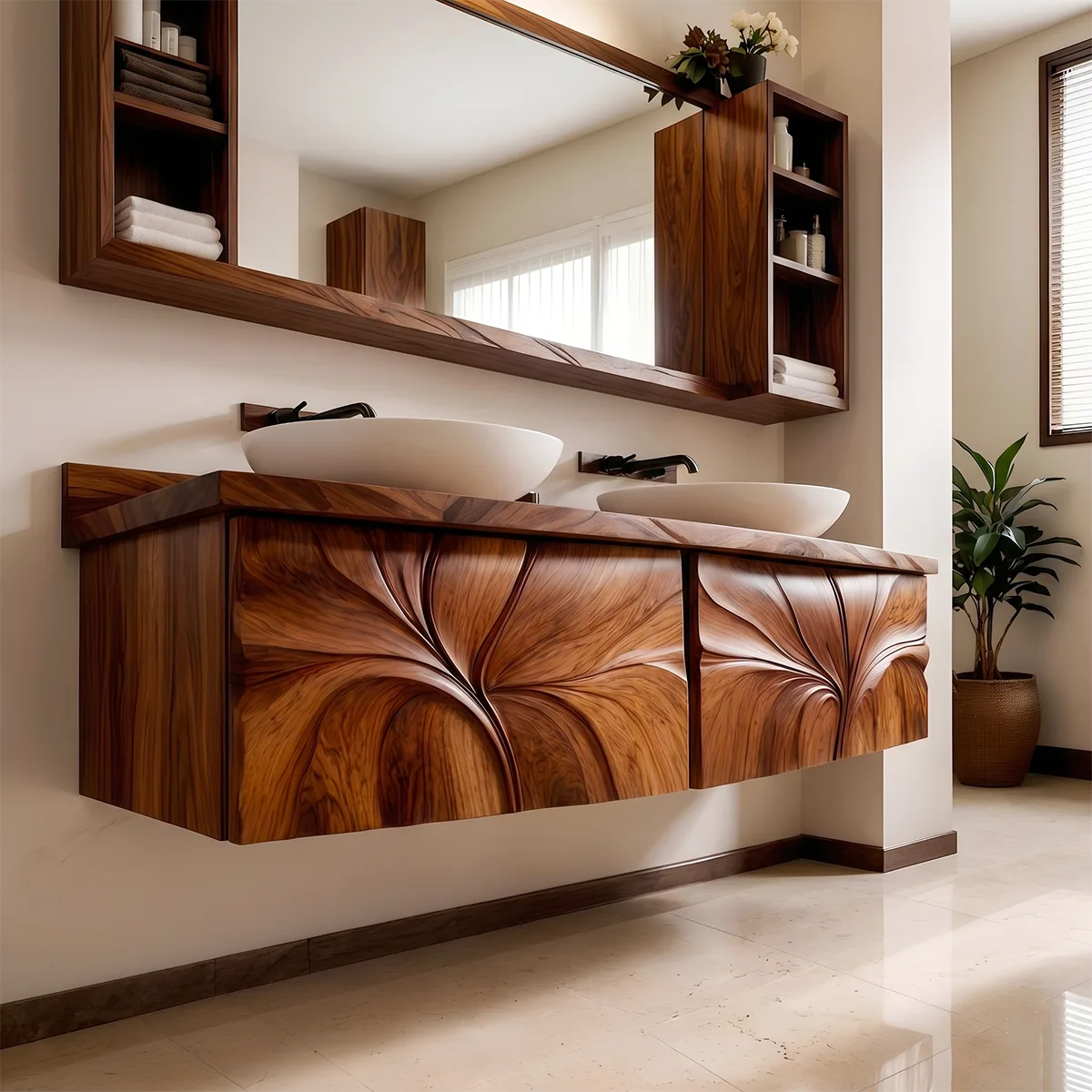 Modern Floating Bathroom Vanity with Sculptural Floral Carved Doors HG021-1209