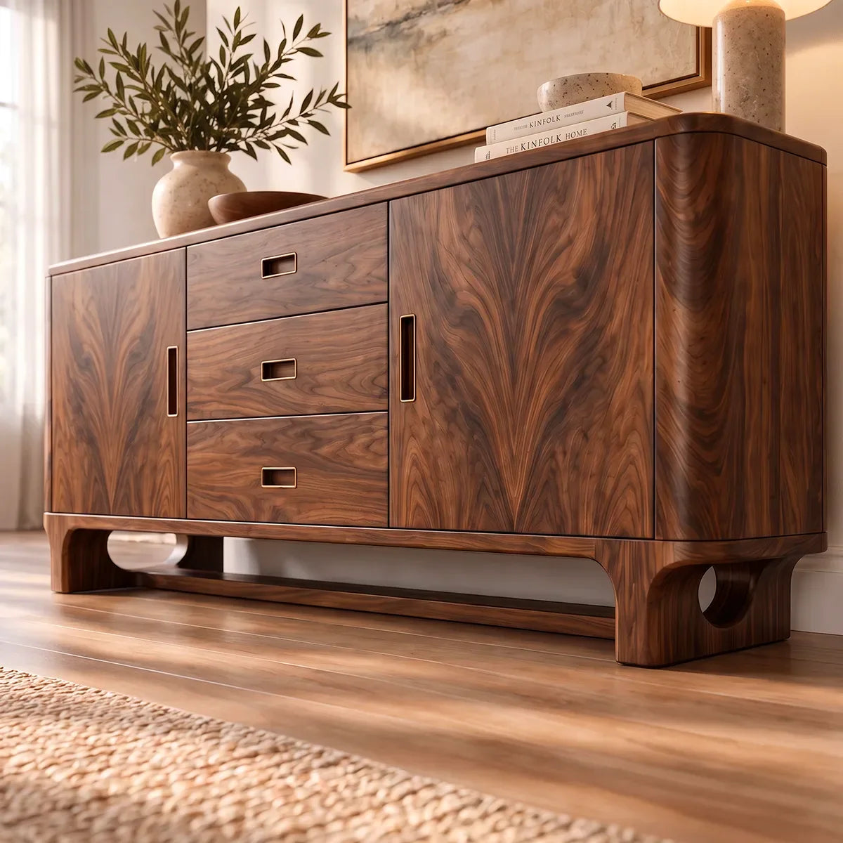 Modern Sideboard with 3 Drawers and 2 Cabinets | Rounded Storage Buffet with Interior Shelves HG021-6UVE8HY