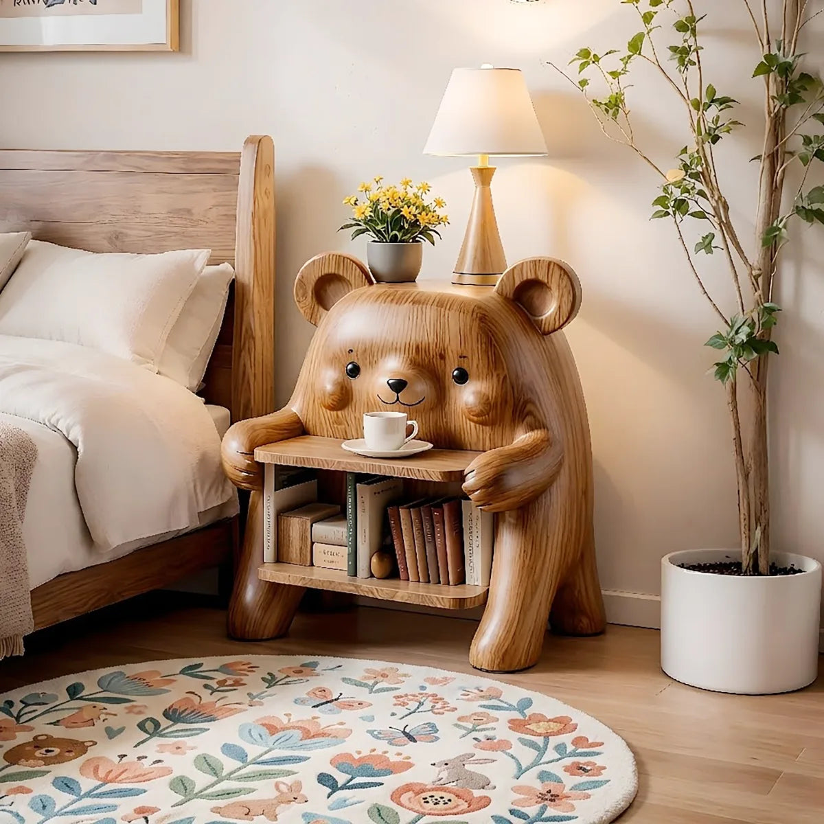 Whimsical Solid Wood Bear Side Table with Bookshelf for Kids’ Rooms & Cozy Homes HG021-4308