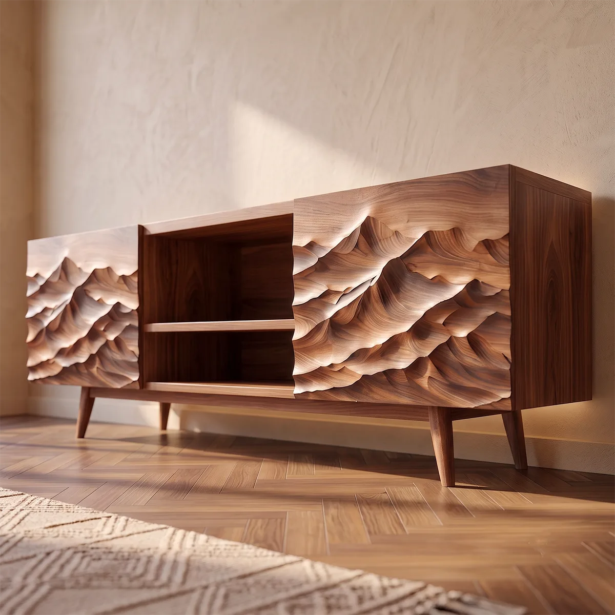 Modern Mountain Relief TV Stand | Contemporary Media Console with Sculpted Landscape Doors HG021-5KXU7XE