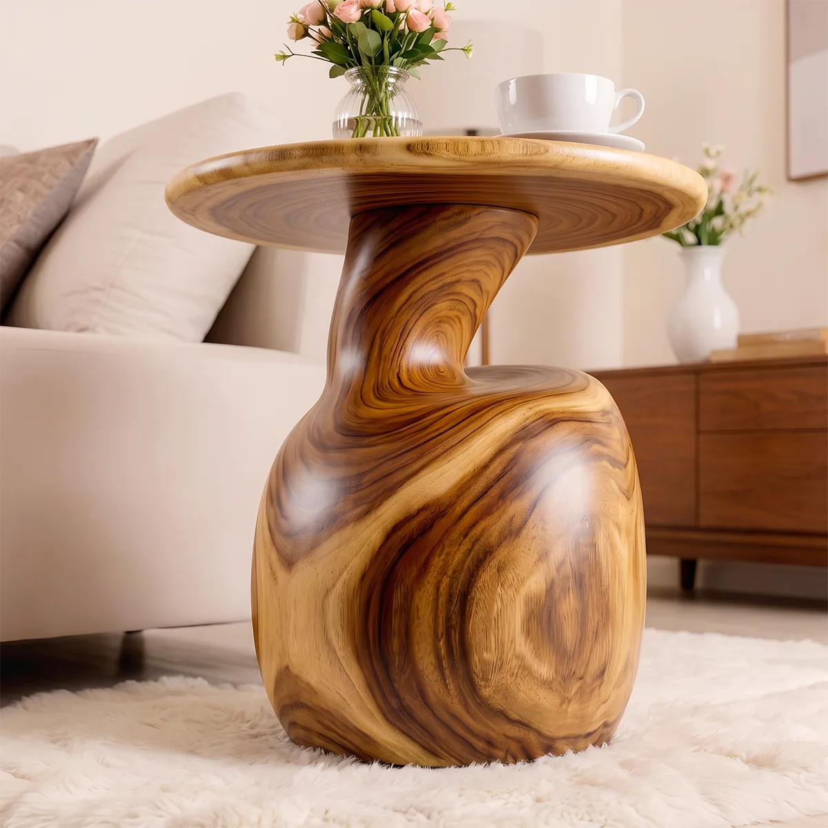 Modern Round End Table | Sculptural Swirl Pedestal Accent Table HG021-3645