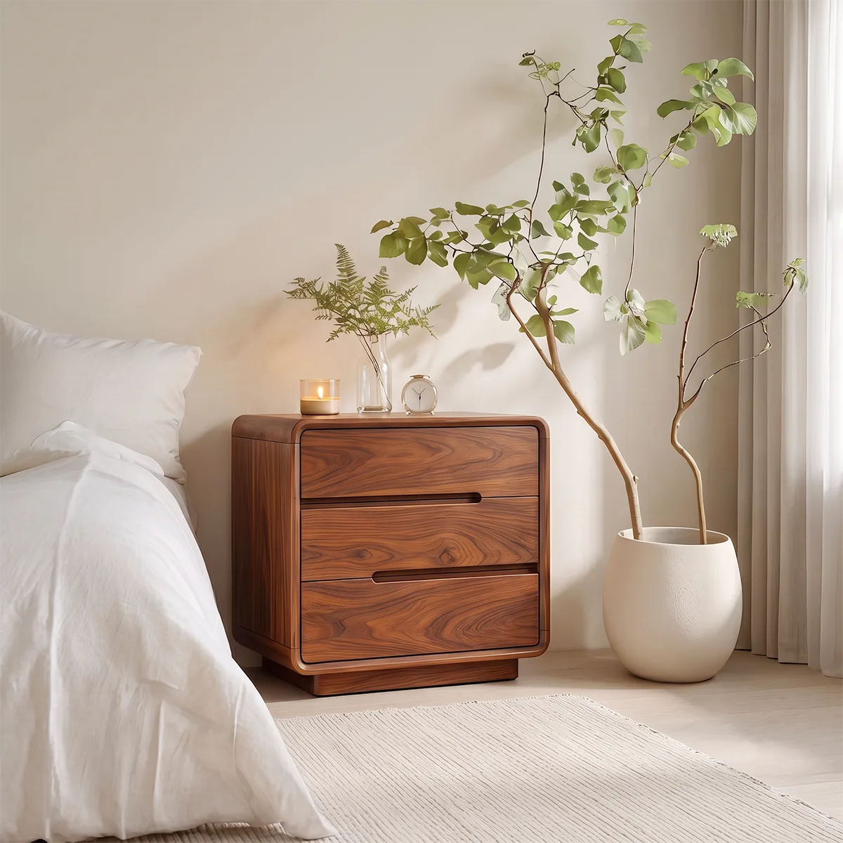 Modern 3-Drawer Nightstand | Rounded Corner Bedside Table with Recessed Handles HG021-1BHP5HK