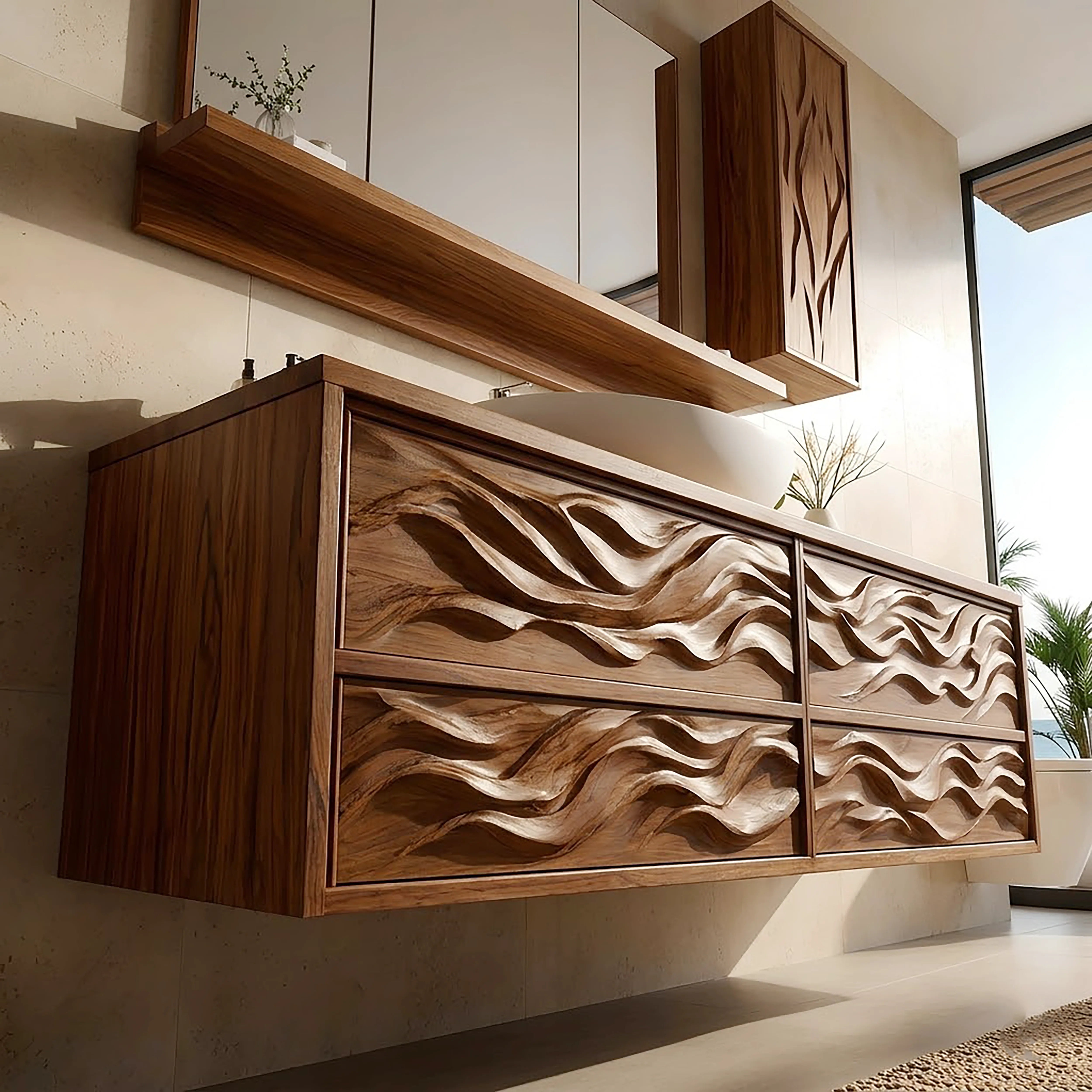 Carved Floating Bathroom Vanity | Sculptural Wall Mounted Bathroom Cabinet HG021-5018