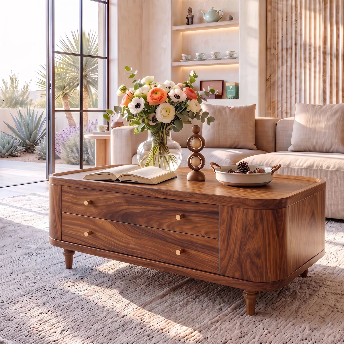Rectangular Coffee Table with 2 Storage Drawers & Rounded Corners | Modern Living Room Table HG021-5JOP8KT