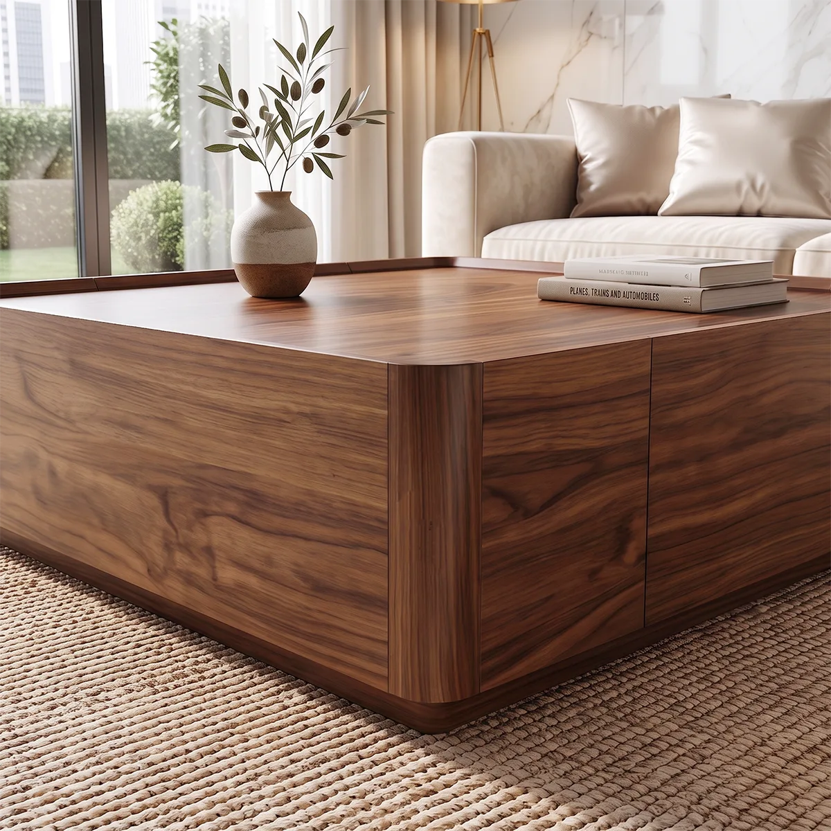 Square Coffee Table with Hidden Storage Drawer | Modern Low Profile Center Table HG021-5UQU1VD