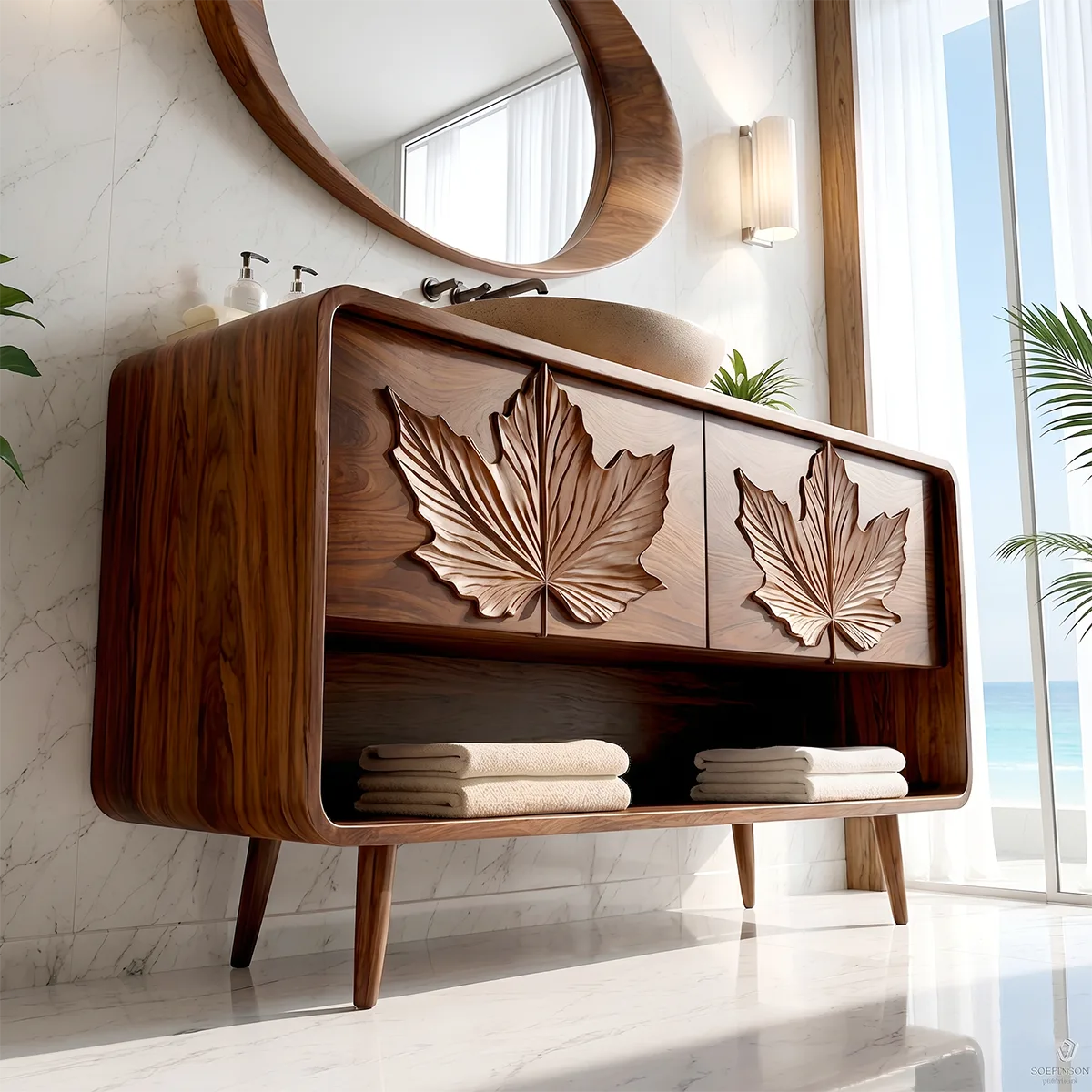 Japanese Inspired Leaf Carved Bathroom Vanity Cabinet HG021-6349