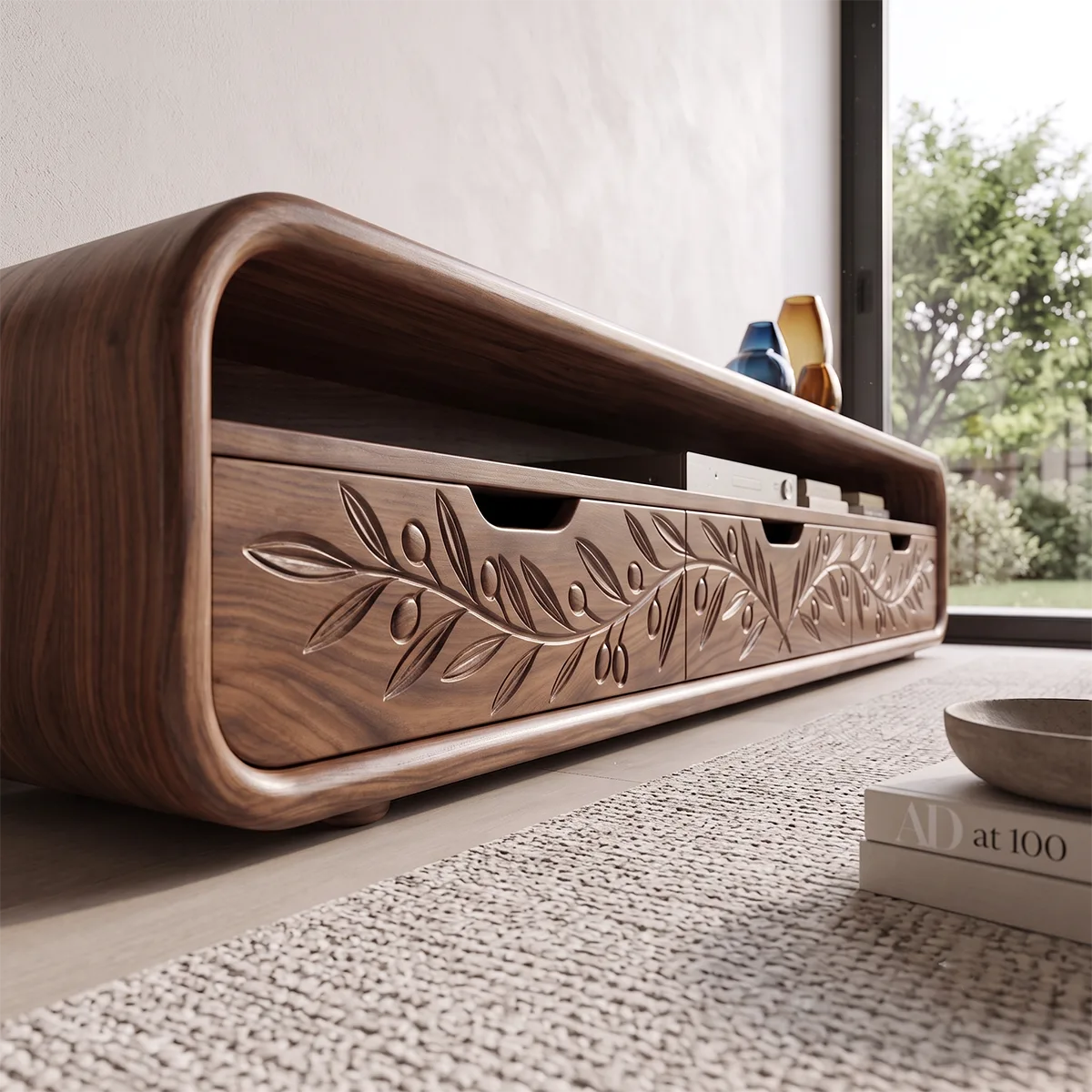 Botanical Carved Wood TV Stand with Storage | Elegant Media Console HG021-5BGB8ID