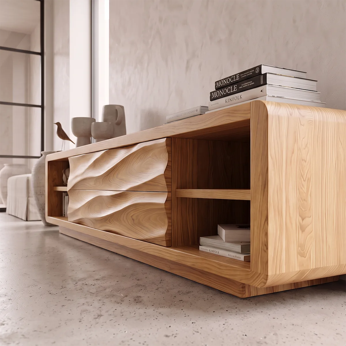 Modern Sideboard with Open Shelves and Concealed Center Storage | Rounded Low Cabinet HG021-9MGF3LT