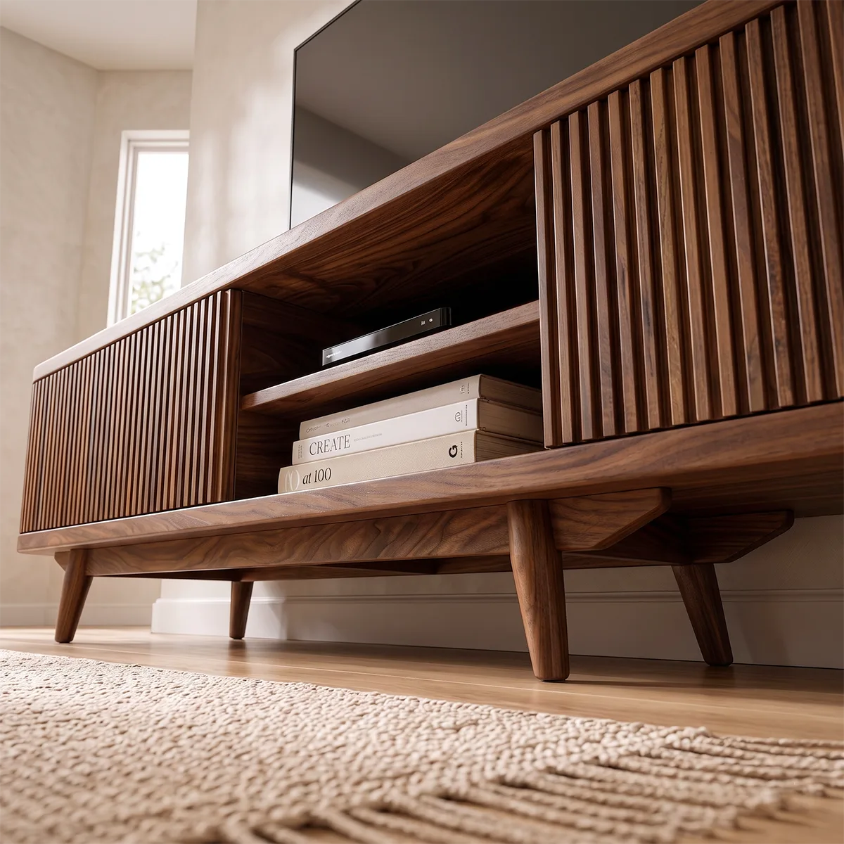 Fluted Wood TV Stand with Open Shelves | Modern Media Console HG021-8DUV7FV
