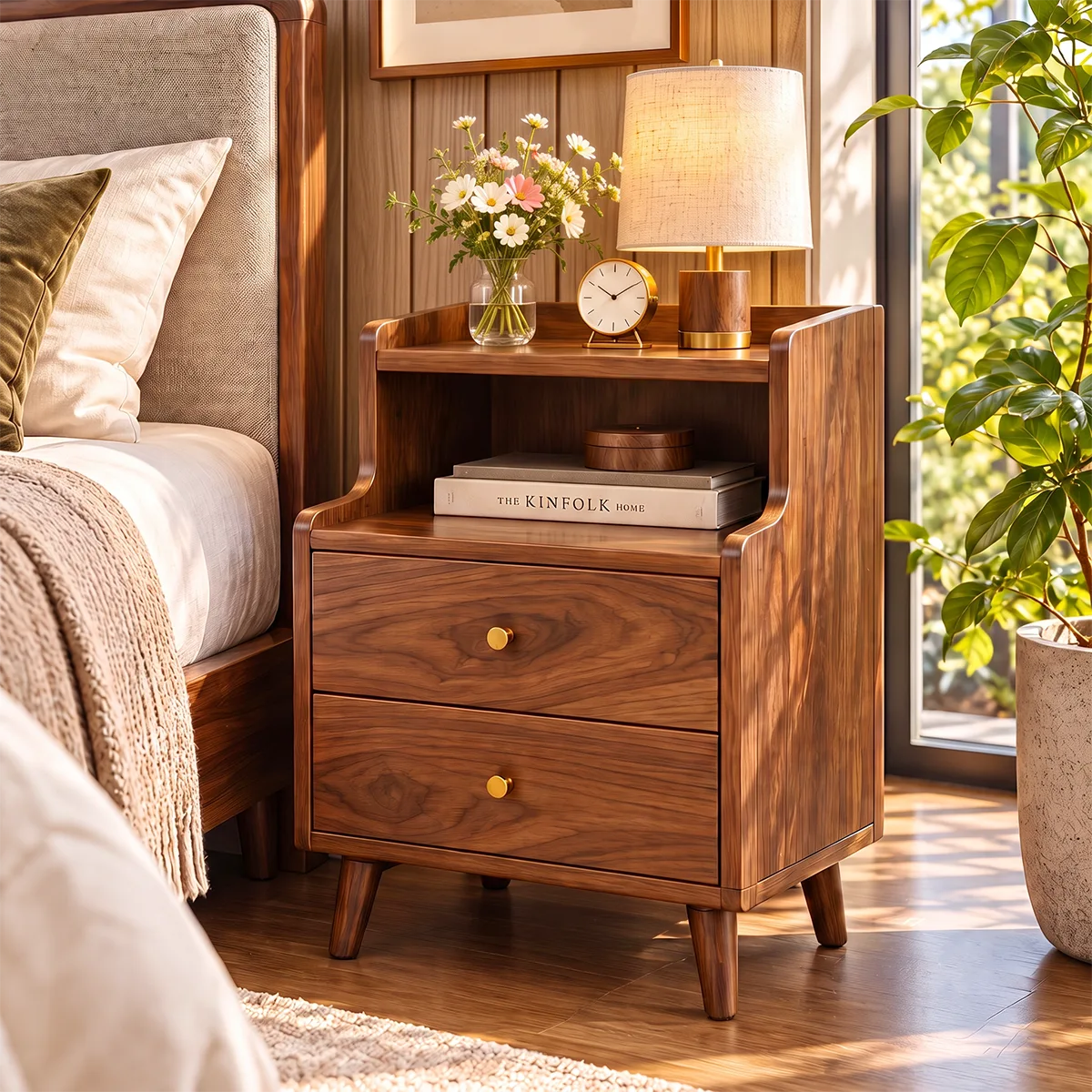Modern 2-Drawer Nightstand with Open Shelf | Tall Bedside Table with Tapered Legs HG021-7TNK8GF