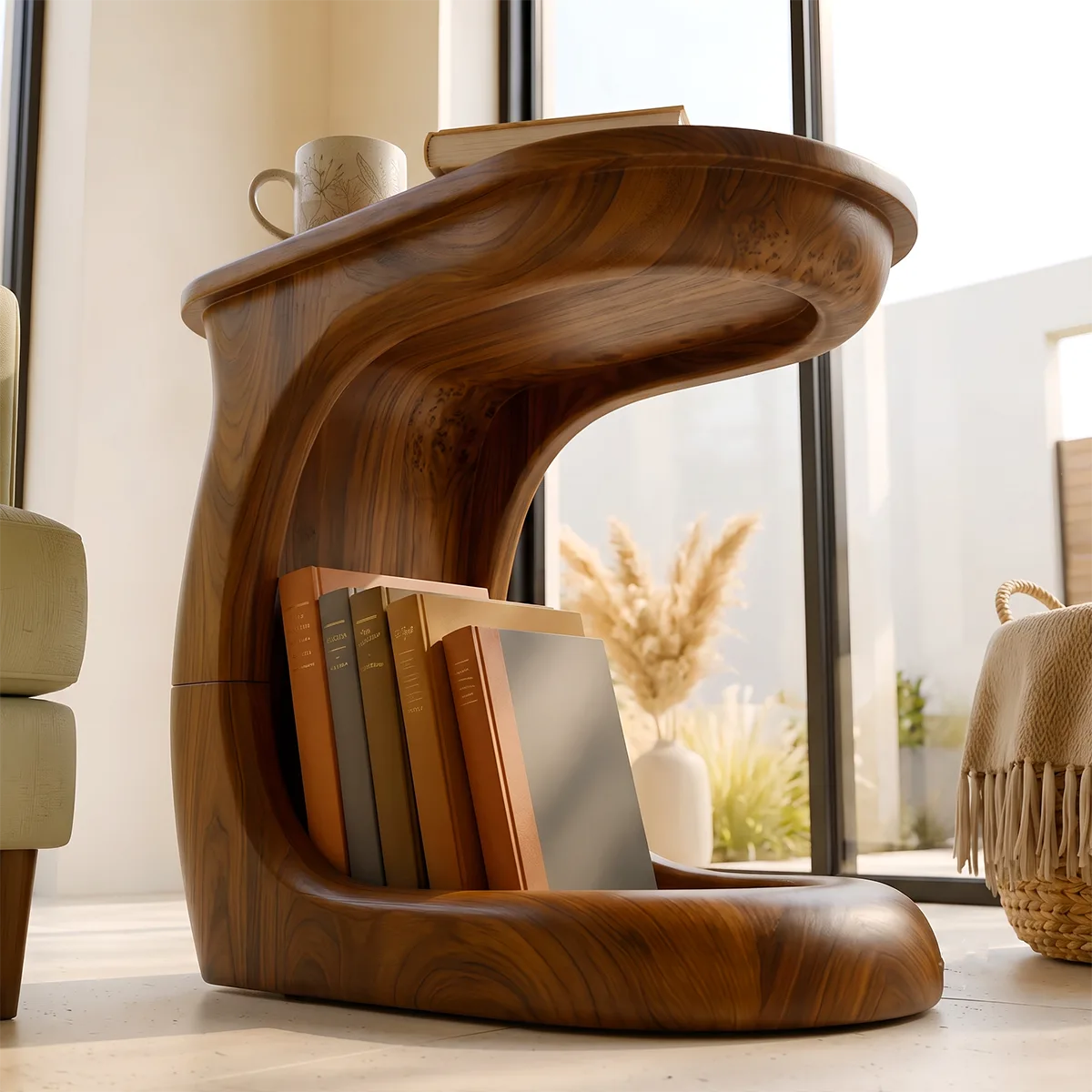 Modern C-Shaped End Table with Book Storage | Sculptural Sofa Side Table for Living Room HG021-7EFE3WW