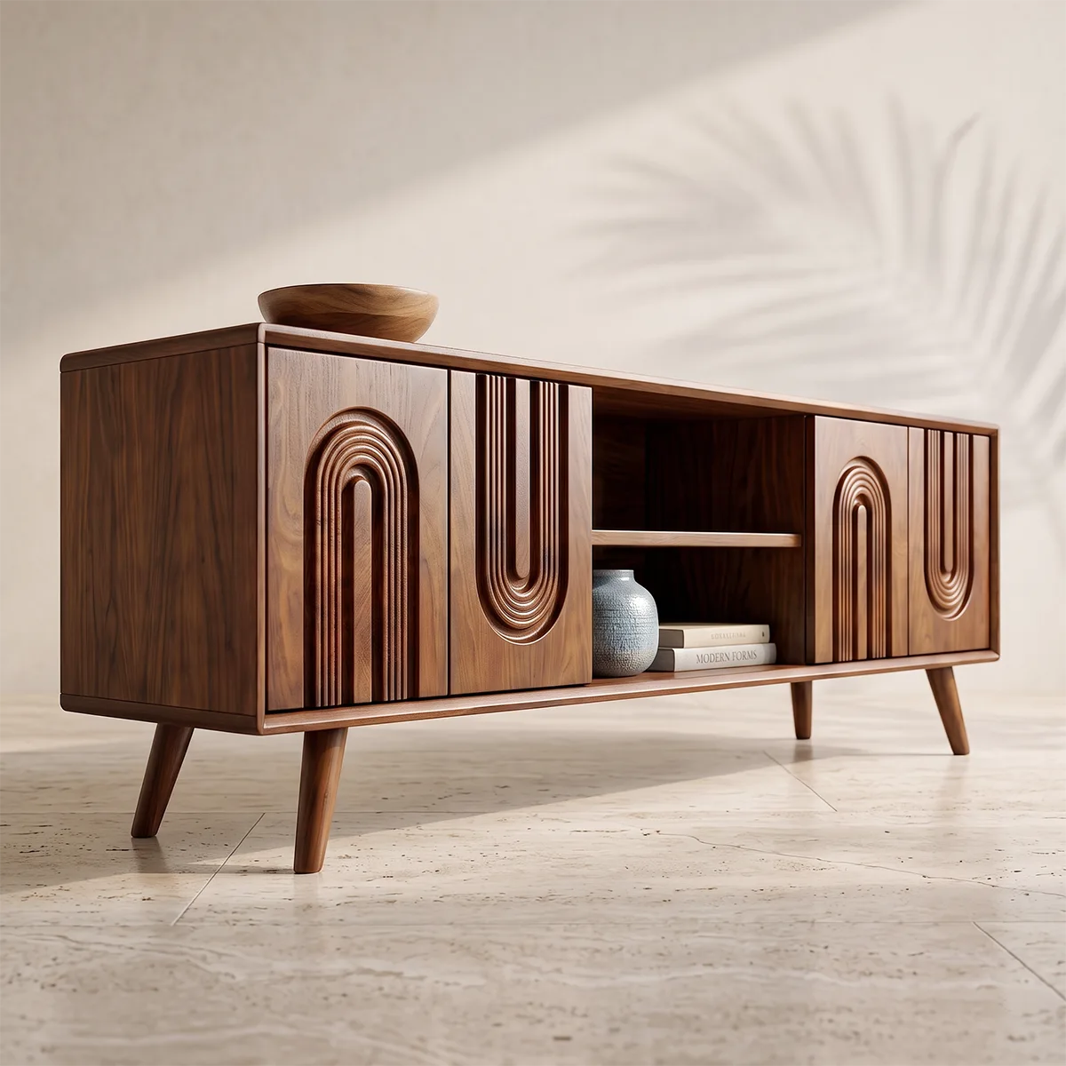 Fluted Arch Wood TV Stand with Open Shelves | Scultural Media Console HG021-8ITG9SJ