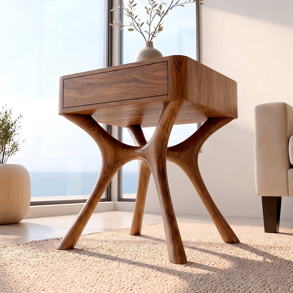 Modern Sculptural End Table with Drawer | Curved Accent Side Table for Living Room & Bedroom HG021-9NSN3GY