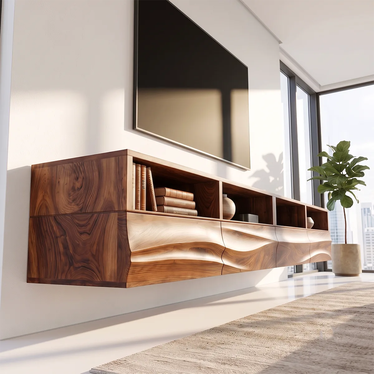 Modern Floating TV Stand with Flowing Wave Front and Open Display Shelves HG021-3RHL3JI