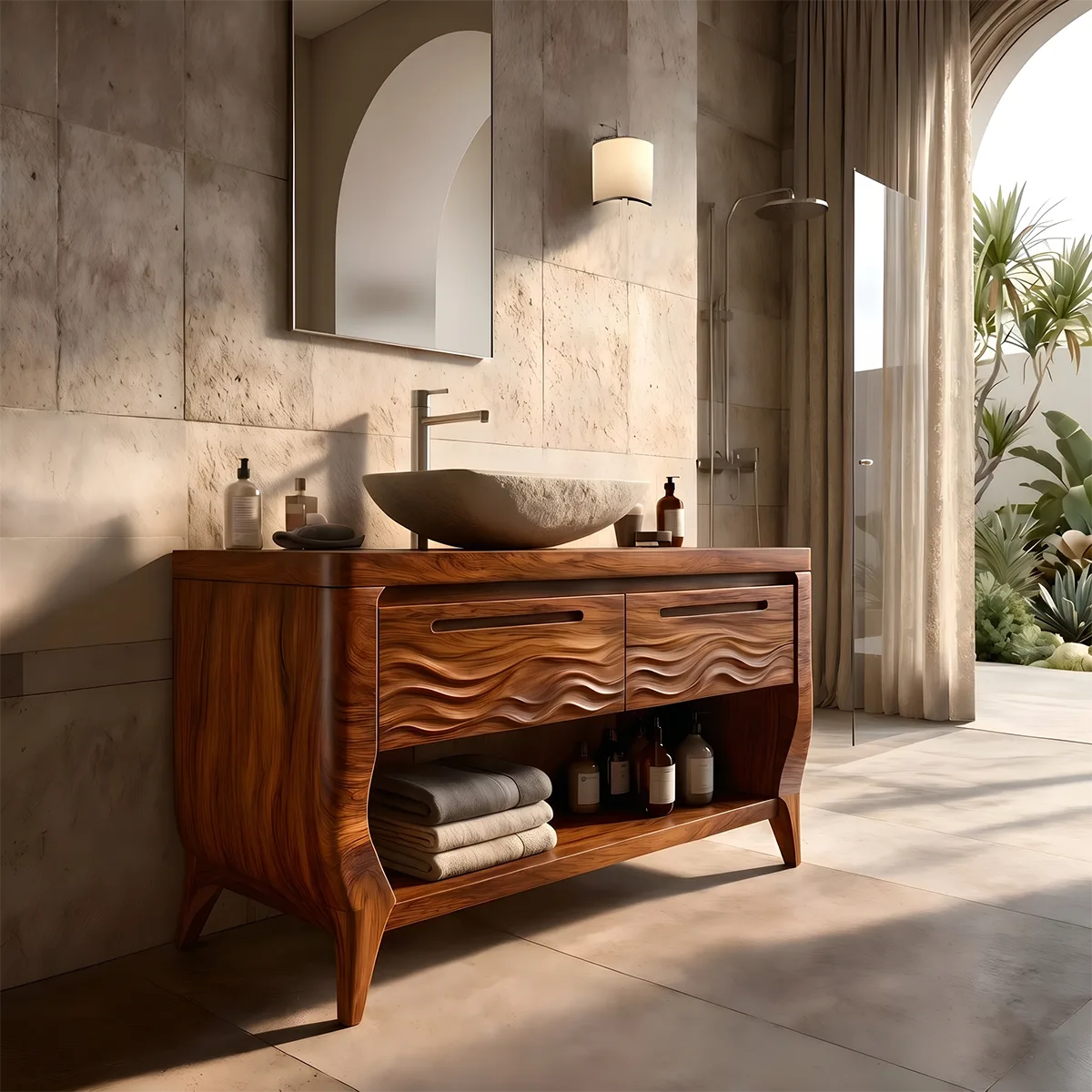 Solid Wood Bathroom Vanity with Open Shelf | Wave Carved Double Drawer Bathroom Vanity Cabinet HG021-3694