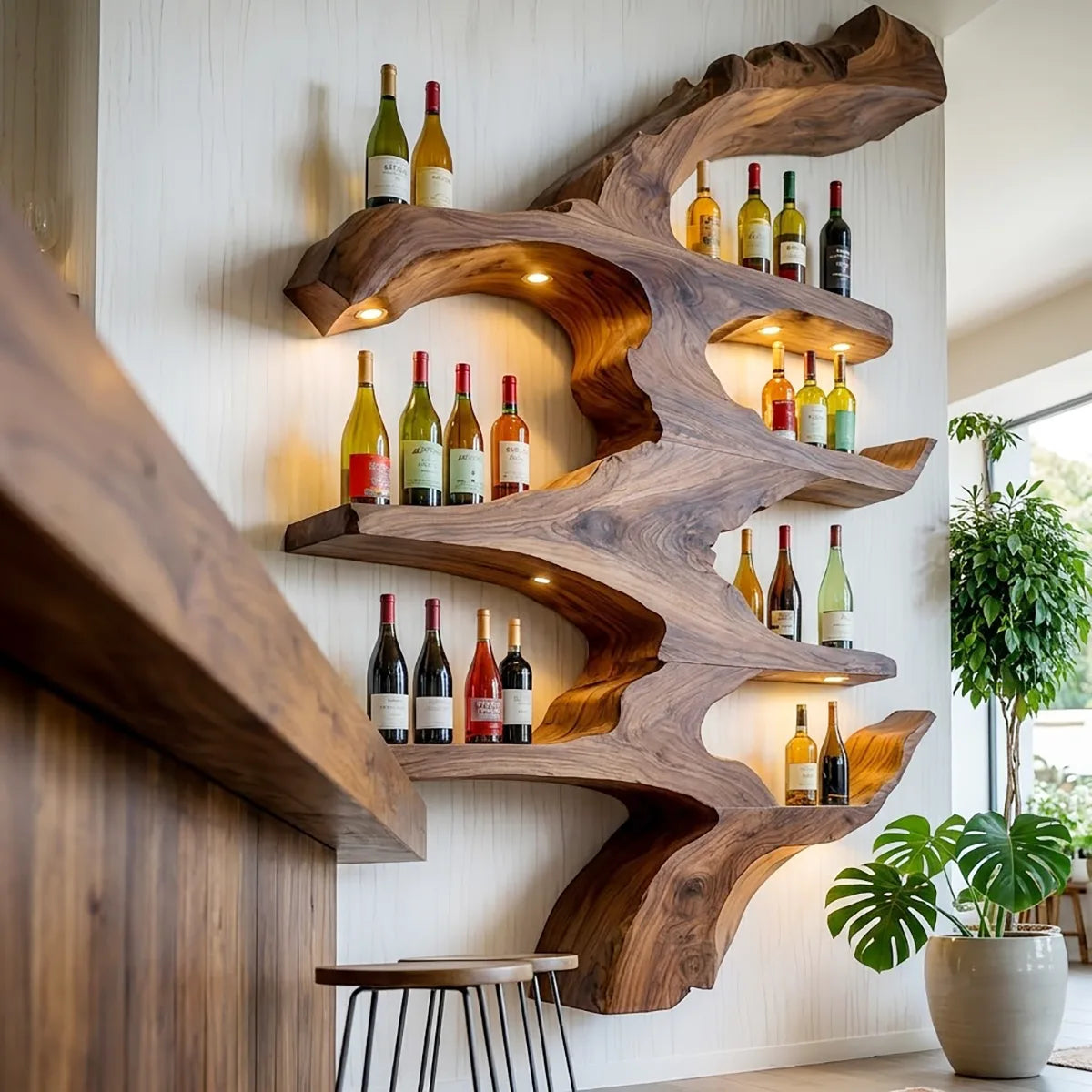 Sculptural Solid Wood Wall Wine Rack for Home Bars, Dining Rooms & Wine Lovers HG021-9667