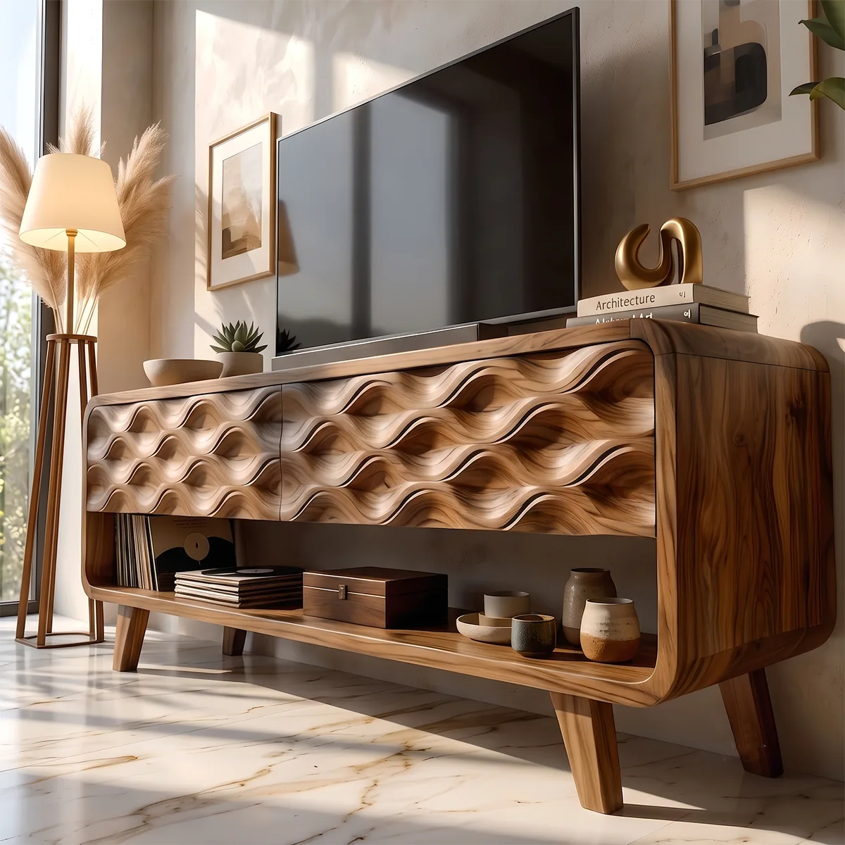 Modern TV Stand with Wave Front Doors | Contemporary Media Console with Open Storage HG021-4RXJ3SK