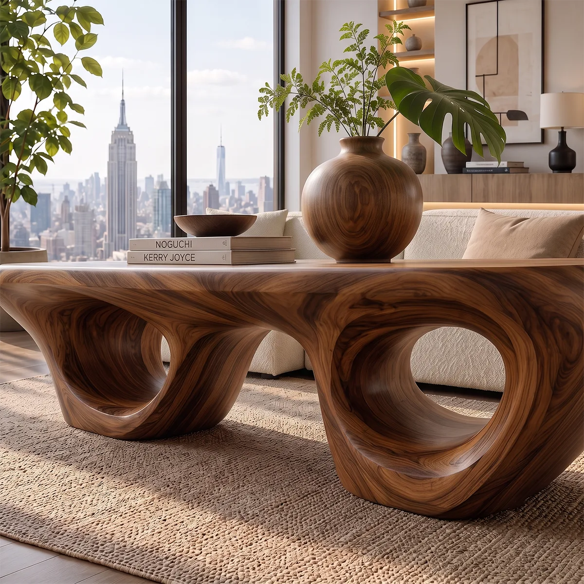 Sculptural Wood Coffee Table with Hollow Loop Base | Organic Modern Rectangular Center Table HG021-2FVS9KF