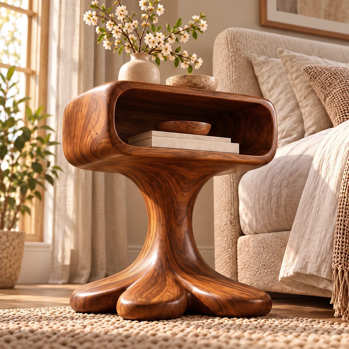Sculptural Pedestal Nightstand with Open Shelf | Organic Modern Bedside Table HG021-9PAX4MM