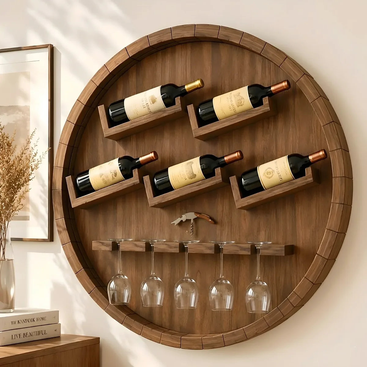 Round Solid Wood Wall Wine Rack with Glass Holder HG021-3468