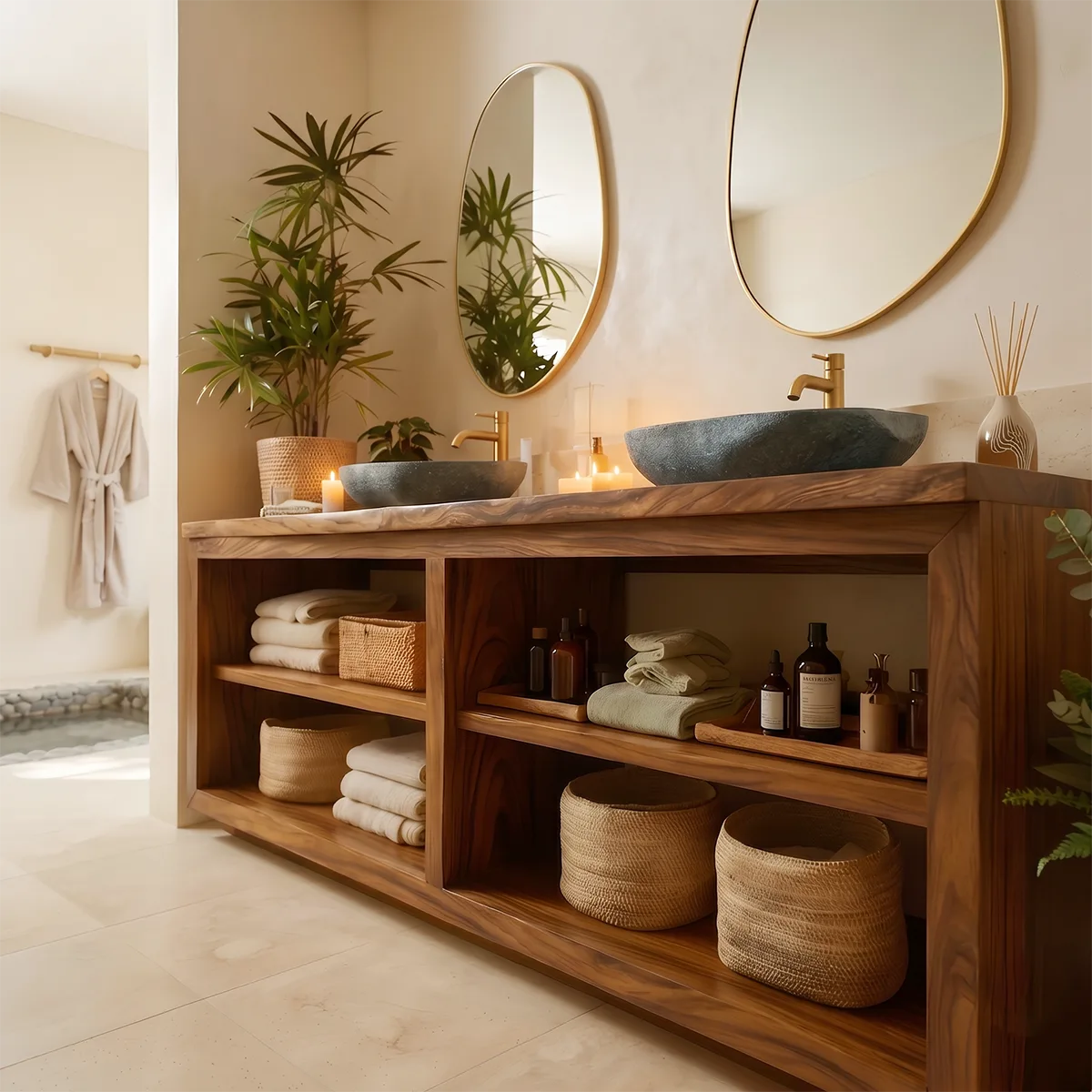 Modern Double Bathroom Vanity with Open Shelving and Spa-Inspired Storage HG021-2663