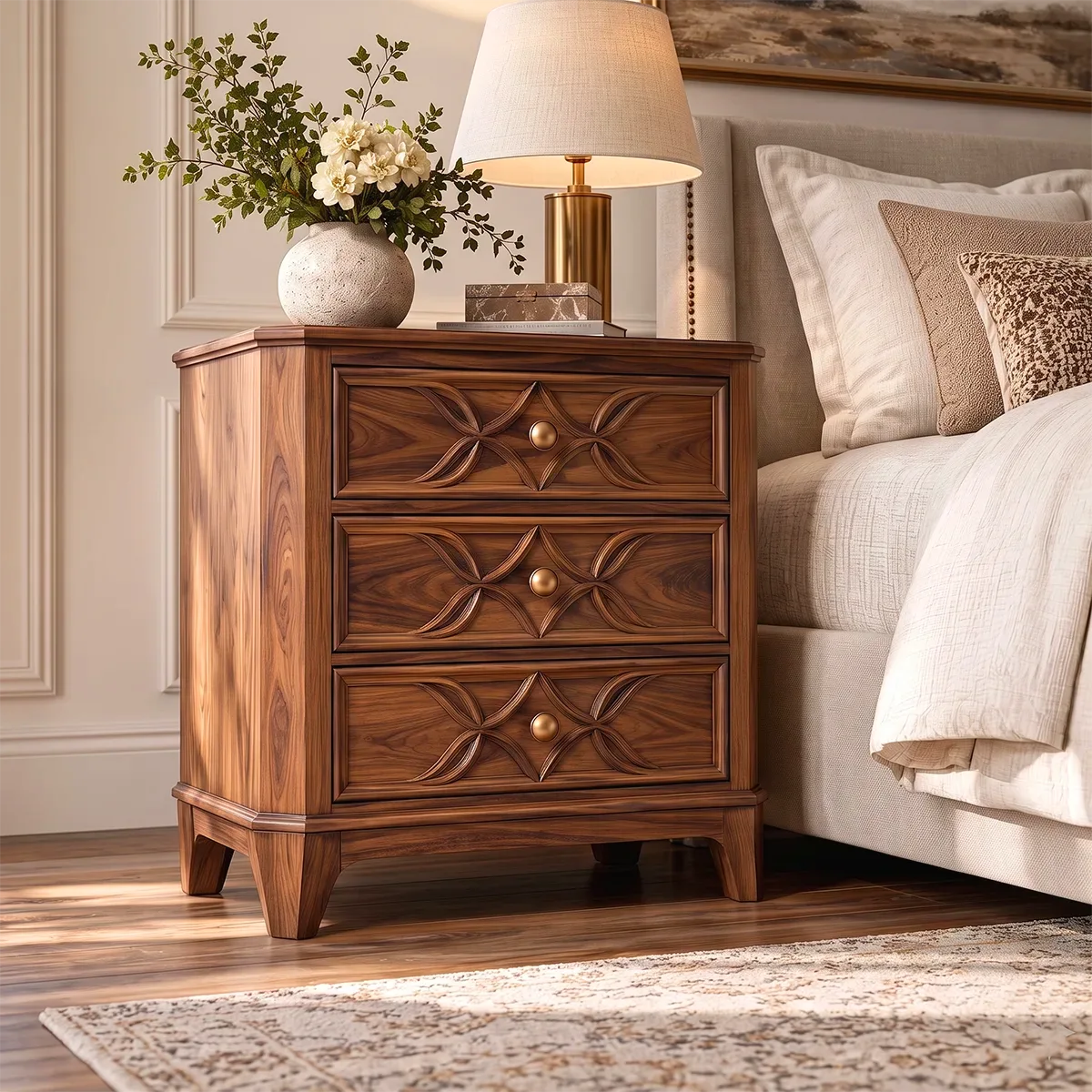 Carved 3-Drawer Nightstand | Decorative Bedside Table with Sculpted Geometric Fronts HG021-7GDR2YD