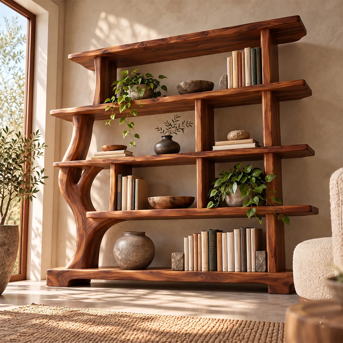 Tree-Inspired Sculptural Bookshelf | Organic Modern Open Bookcase with Asymmetrical Shelves HG021-5HPG6UX