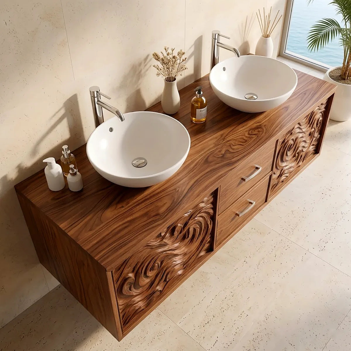 Double Sink Floating Bathroom Vanity | Luxury Carved Bathroom Cabinet HG021-2771