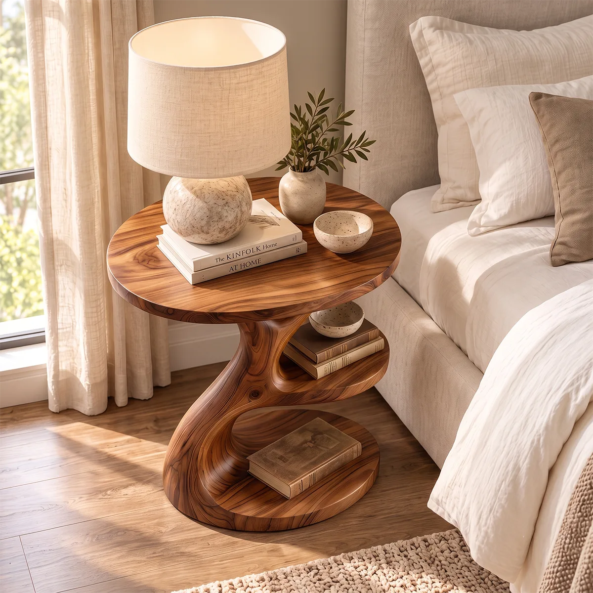 Sculptural Round Nightstand with Open Shelves | Organic Modern Bedside Table HG021-8JBT7TE