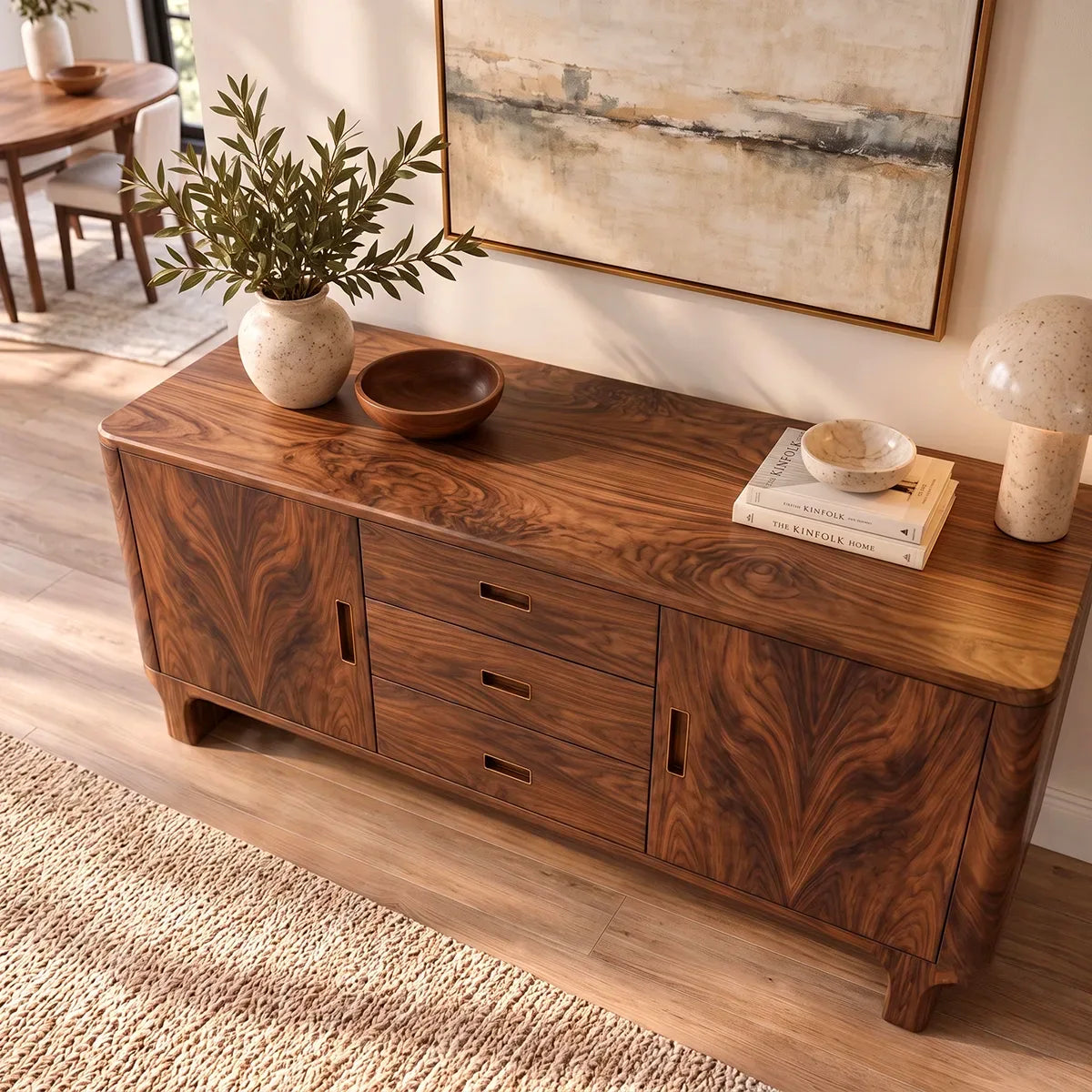 Modern Sideboard with 3 Drawers and 2 Cabinets | Rounded Storage Buffet with Interior Shelves HG021-6UVE8HY