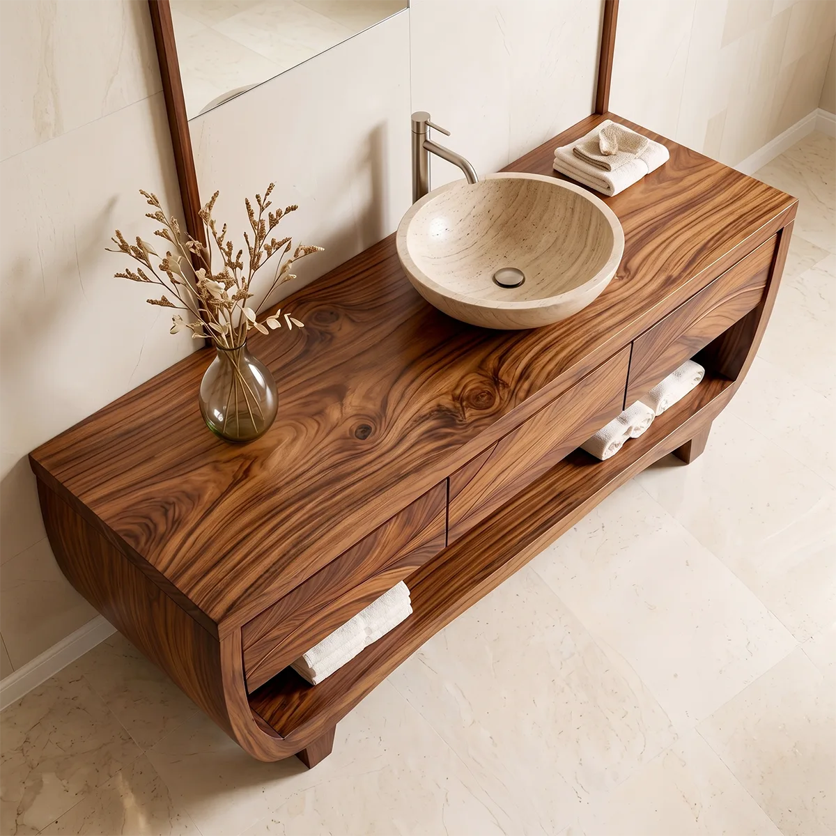 Solid Wood Double Sink Bathroom Vanity | Curved Bathroom Vanity Cabinet with Open Shelf & Drawers HG021-2095