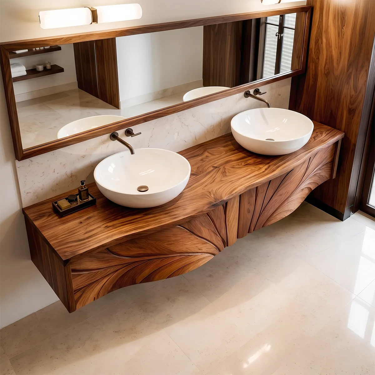 Luxury Double Sink Floating Bathroom Vanity with Sculptural Carved Design HG021-2639