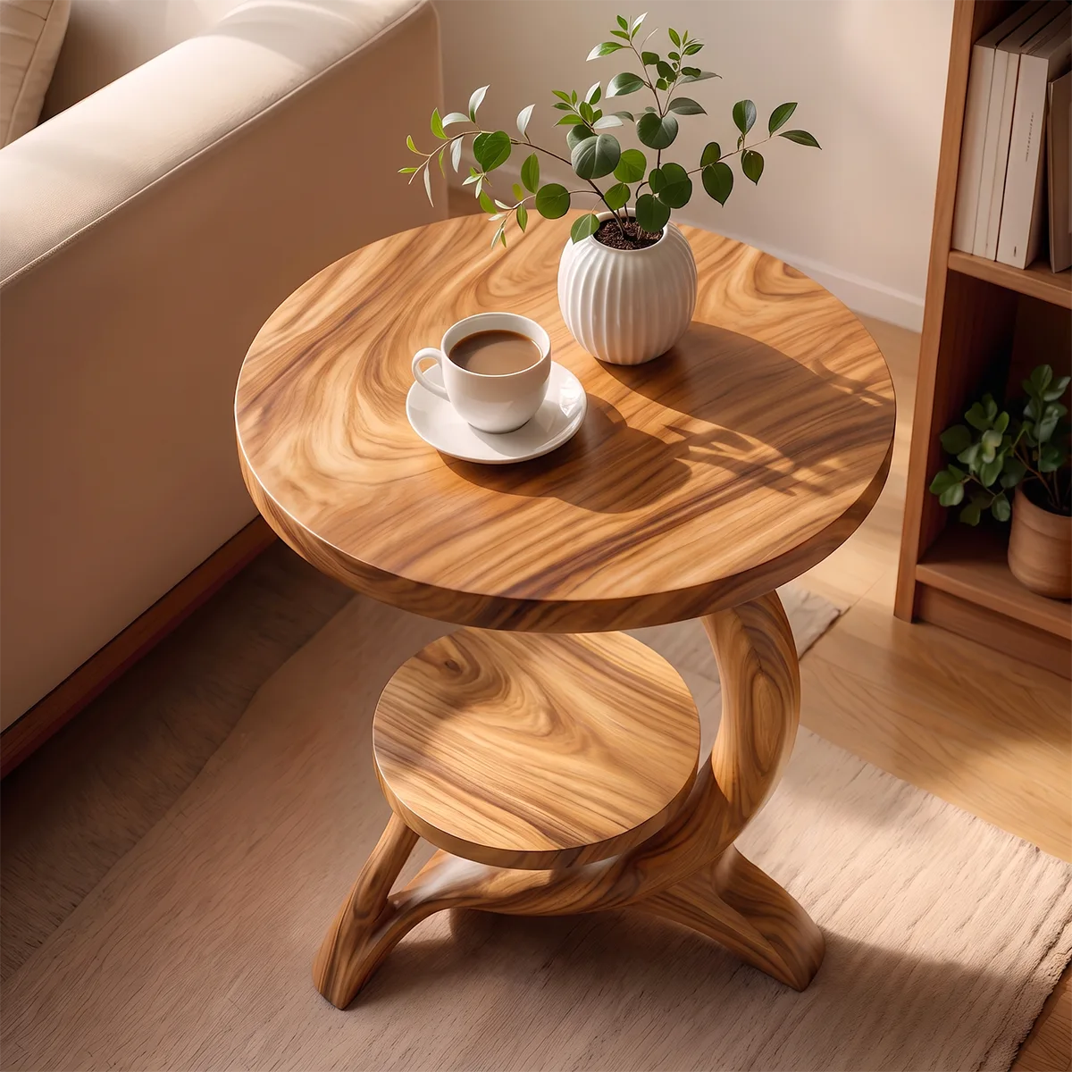 Modern Round End Table with Sculptural Base | Contemporary Accent Side Table with Display Shelf HG021-2HEU5KL