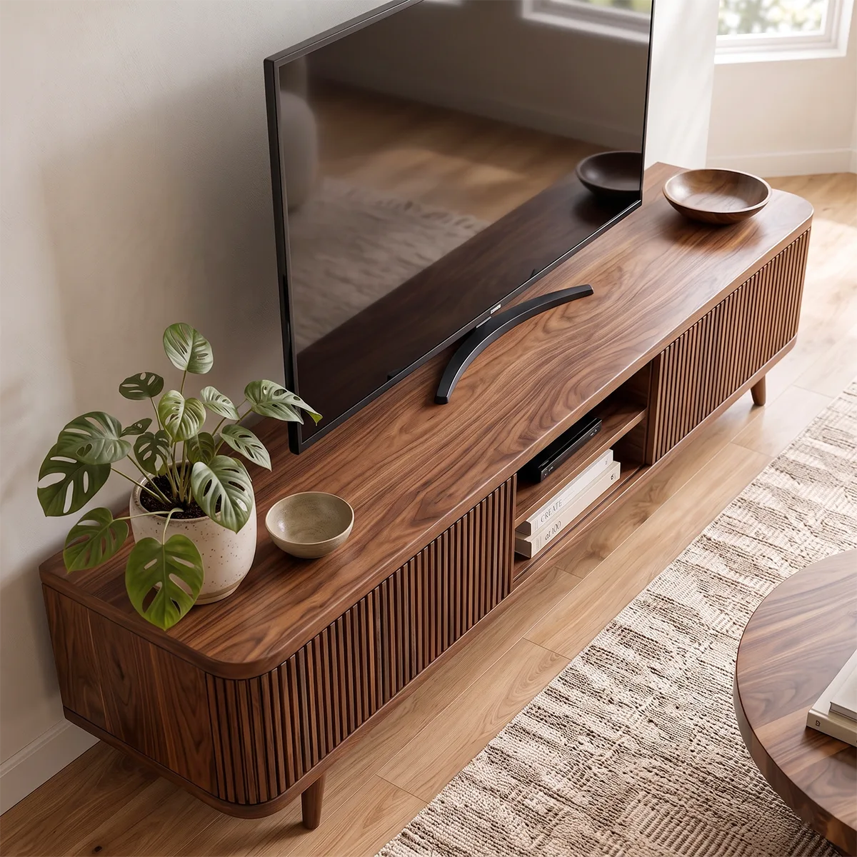 Fluted Wood TV Stand with Open Shelves | Modern Media Console HG021-8DUV7FV