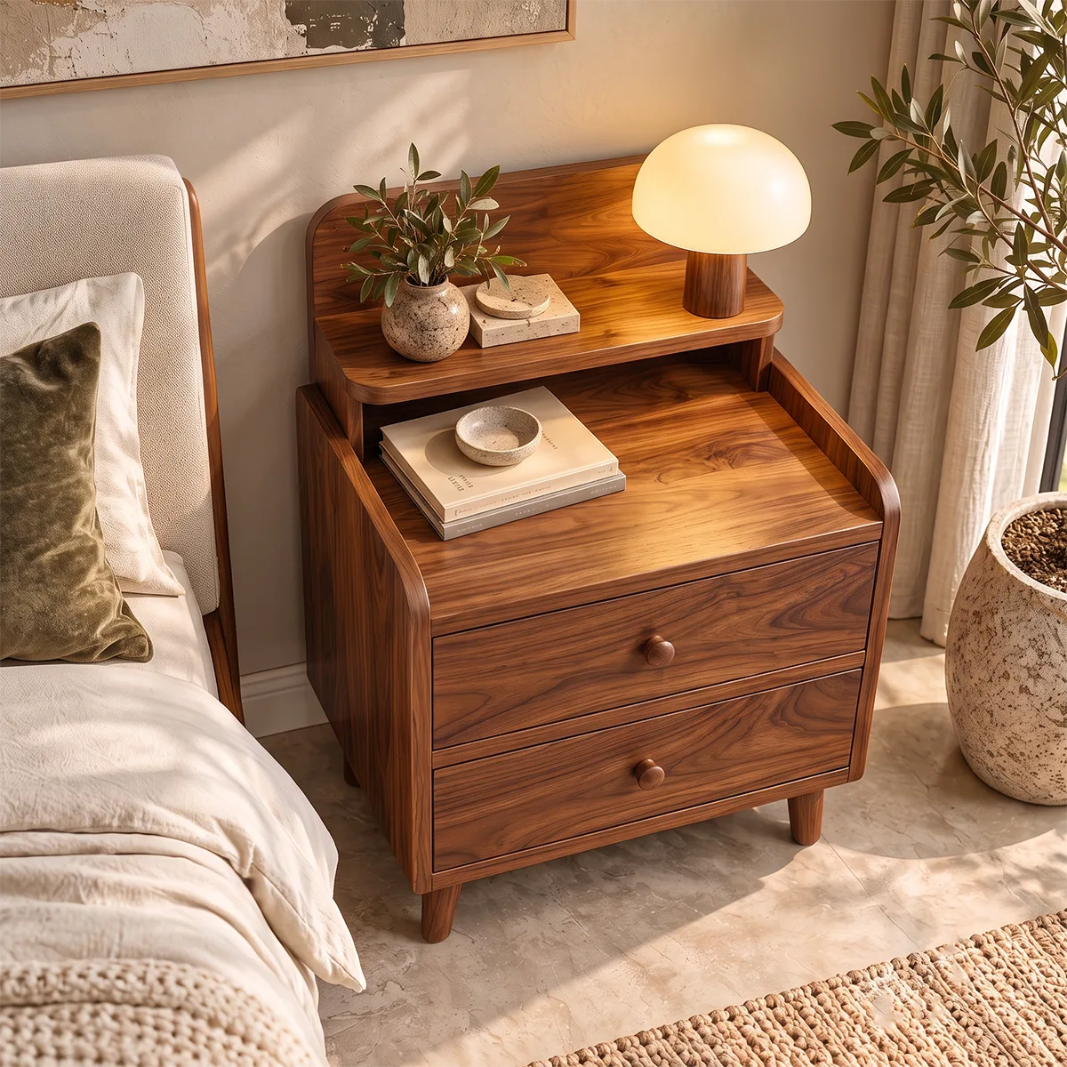 2-Drawer Nightstand with Open Shelf | Mid-Century Bedside Table with Raised Top HG021-8VLX2RD