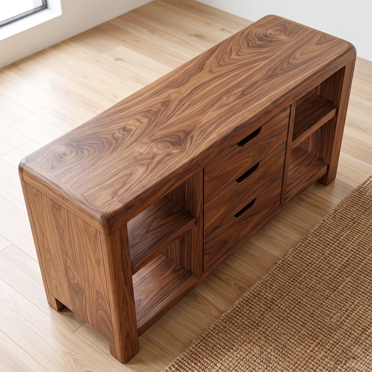 Modern Sideboard with 3 Drawers and 4 Open Shelves | Rounded Storage Console HG021-9VPB8MA