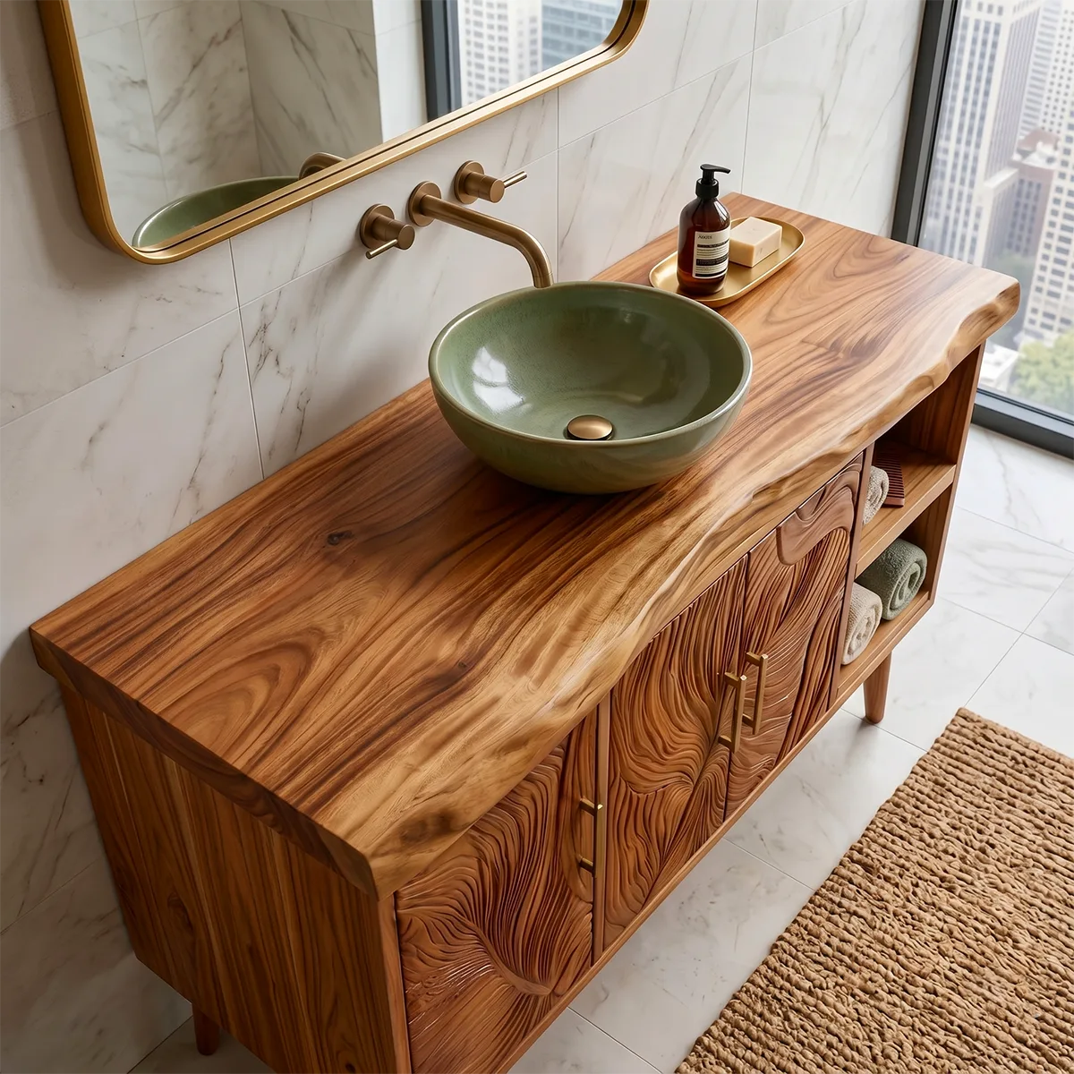 Tropical Modern Bathroom Vanity with Hand-Carved Doors and Open Storage HG021-1910