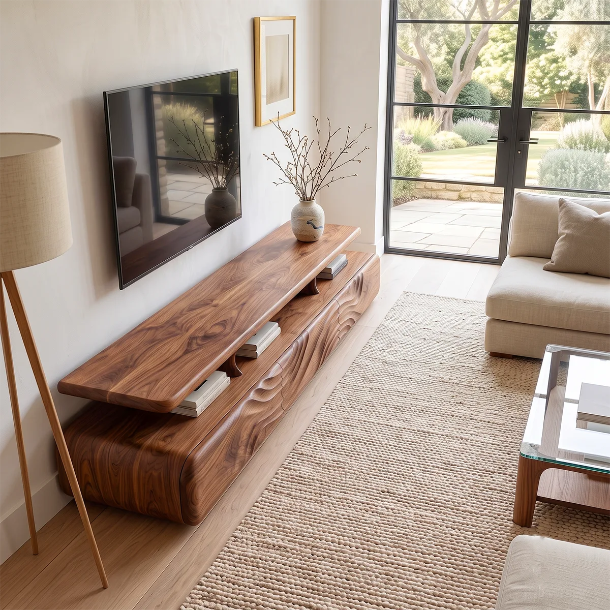 Modern TV Stand with Wave Front Doors | Contemporary Media Console with Open Display Shelf HG021-2DTK5LB