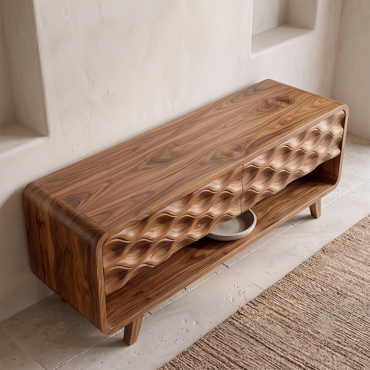 Modern TV Stand with Wave Front Doors | Contemporary Media Console with Open Storage HG021-4RXJ3SK