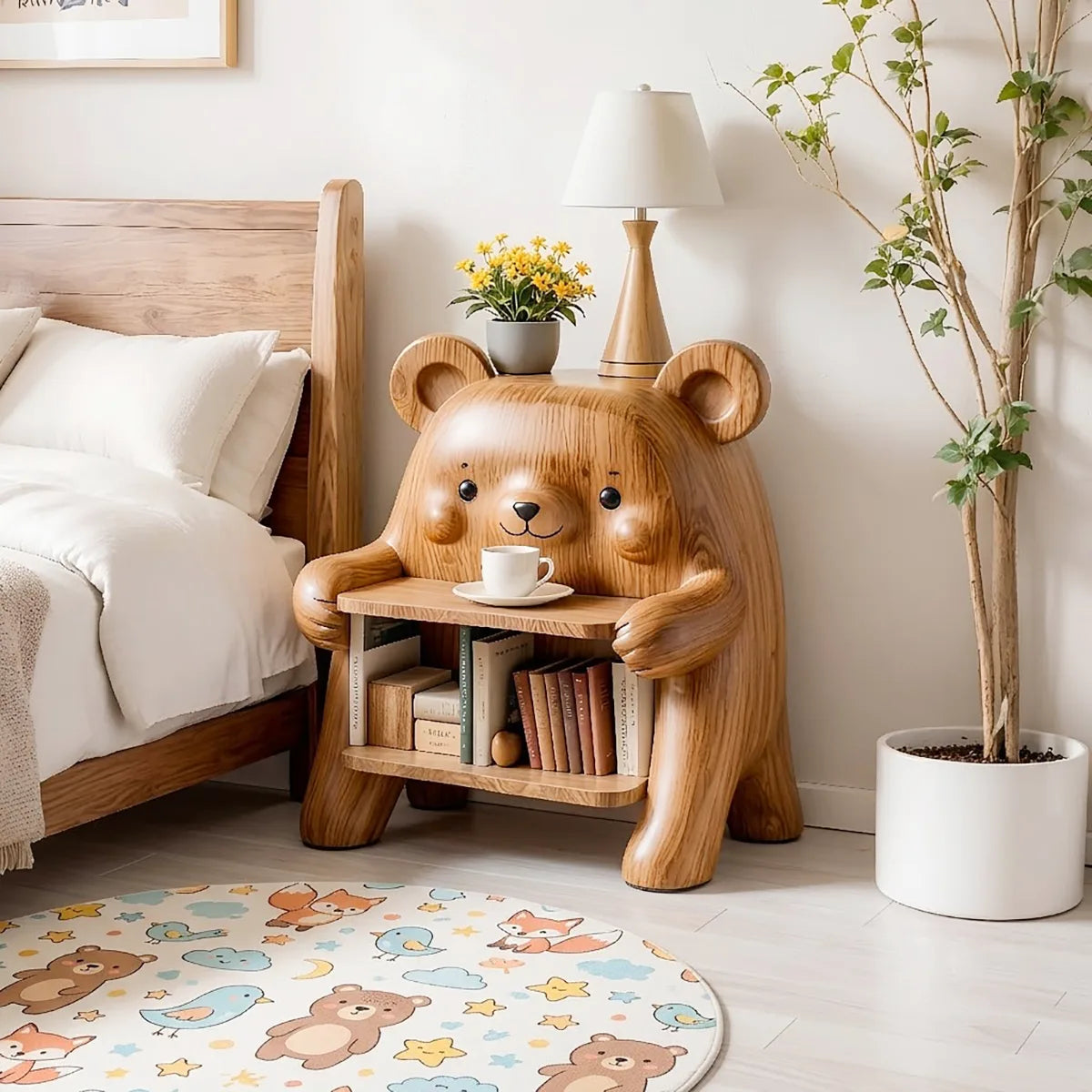 Whimsical Solid Wood Bear Side Table with Bookshelf for Kids’ Rooms & Cozy Homes HG021-4308