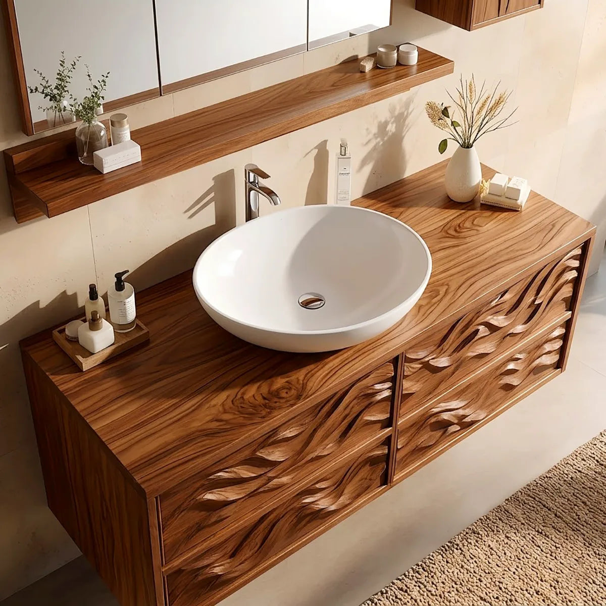 Carved Floating Bathroom Vanity | Sculptural Wall Mounted Bathroom Cabinet HG021-5018