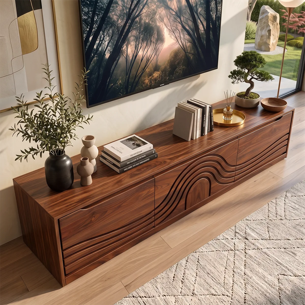 Wave Carved Wood TV Stand | Modern Low Profile Media Console HG021-2WFD3JN